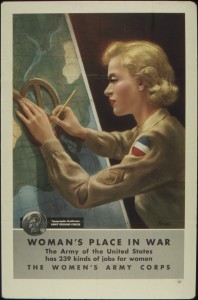 During World War II and the Cold War, military publications emphasized servicewomen in gender-appropriate jobs and attire, seemingly far away from combat. Wikimedia Commons.
